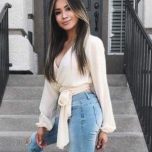 White Long Sleeve Blouse with Waist Tie